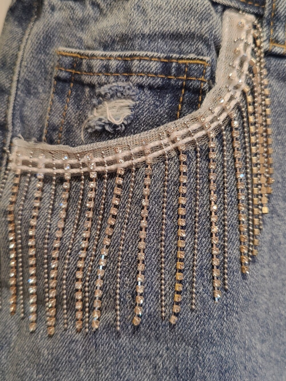 NWT Cloud Ten Rhinestone Fringe Distressed Denim Mini Skirt L - Picture 2 of 6